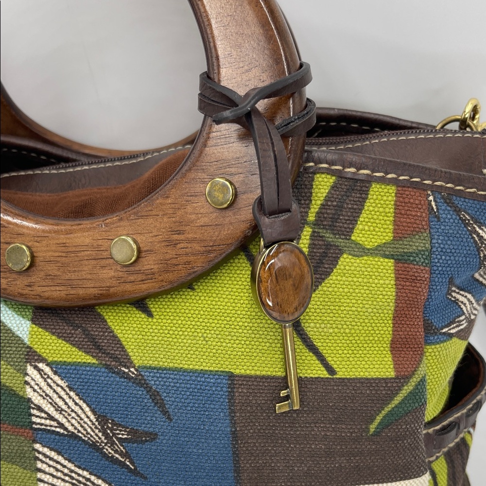 Fossil Flower Canvas, Leather & Wood Top Handle Or Detachable Shoulder Strap - Picture 3 of 9